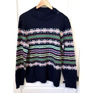 NWT Talbots Fair Isle Nordic Blue Pink Sweater L Mock Neck Soft Cotton Blend